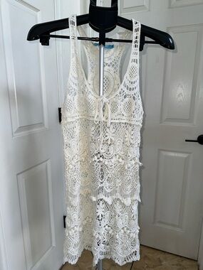 Women’s Cream Crochet Sleeveless Swim Cover Dress in Size S